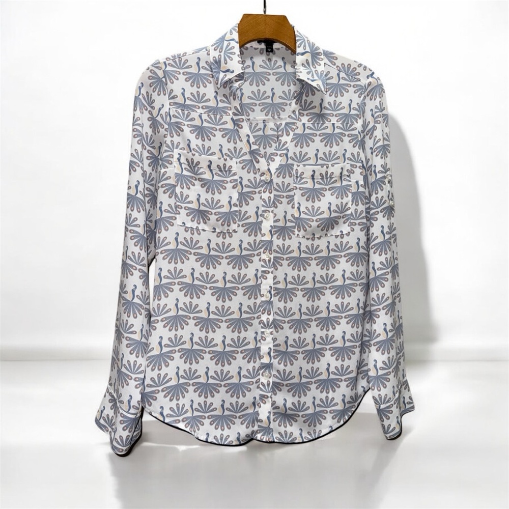 Express Portofino Button Down Peacock Print shirt size XS